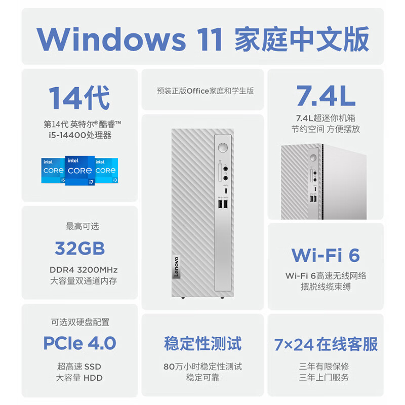 2024款 联想510S 14代酷睿i5-14400/i7-14700办公家用迷你学习设计7.4L台式机电脑全套 - 图0