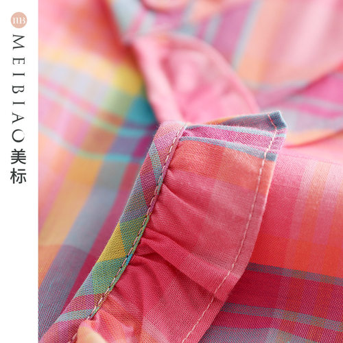 美标春夏女士纯棉短袖睡衣薄款全棉质格子开衫家居服套装秋可外穿 - 图2