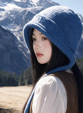 蓝色显脸小绑带针织帽女秋季大头围帽子韩版毛线帽保暖护耳包头帽