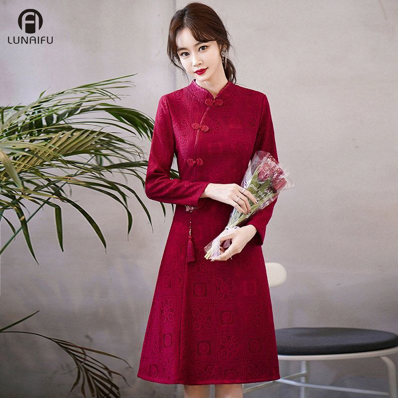 加绒红色旗袍改良版连衣裙喜敬酒服 伦爱弗旗袍