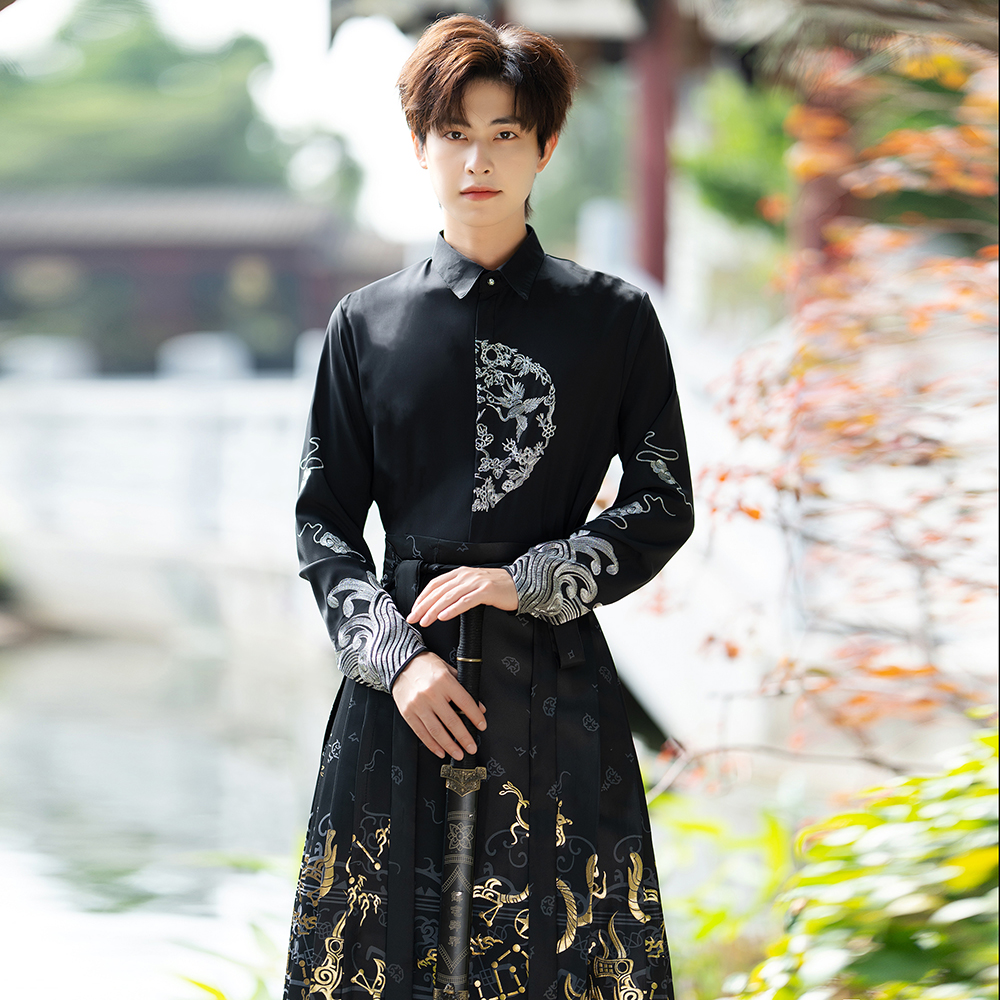 唐装男款小个子汉服新中式中国风刺绣衬衫龙纹织金马面裙国潮套装