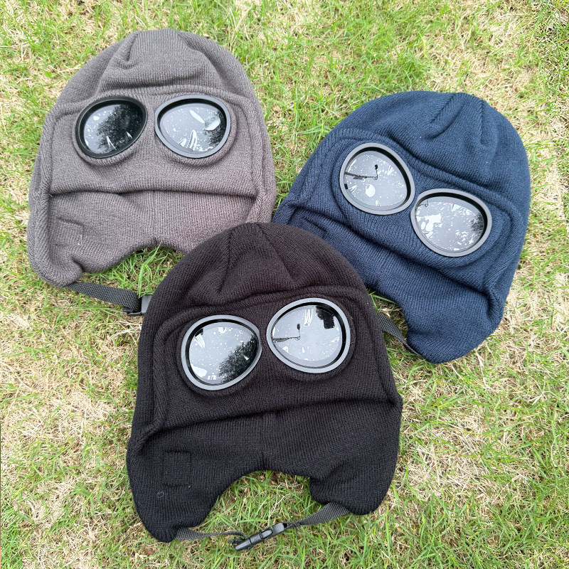 日系儿童线帽冬季男童女童针织帽飞行员墨镜毛线帽套头护耳冷帽 - 图3