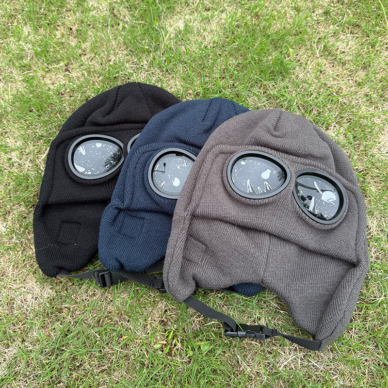 日系儿童线帽冬季男童女童针织帽飞行员墨镜毛线帽套头护耳冷帽 - 图0