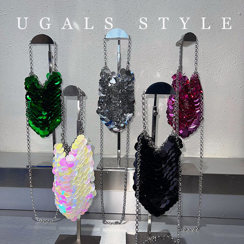 UGALS闪亮不灵金属鱼鳞亮片包手工编织宴会珠片手机包腋下斜挎包 - 图2