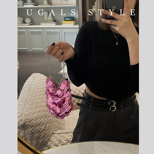 UGALS闪亮不灵金属鱼鳞亮片包手工编织宴会珠片手机包腋下斜挎包 - 图0
