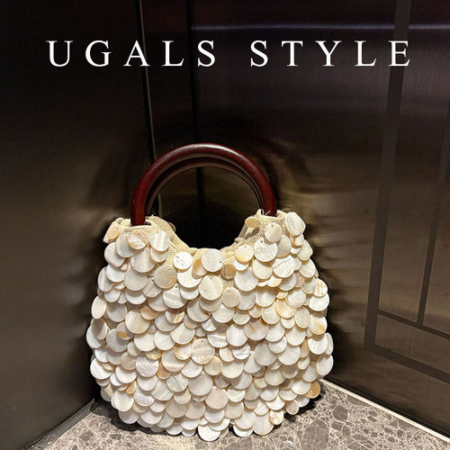 UGALS重工时尚百搭手工编织串珠珍珠贝壳菜篮子水桶手拿斜挎包包-图2