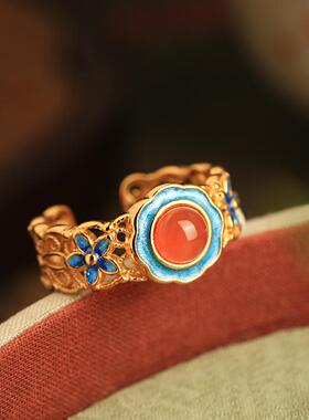 小银匠天然水南红纯银珐琅戒指