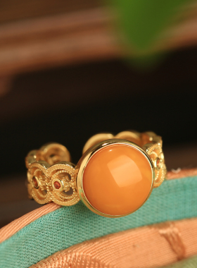 天然蜜蜡纯银开口戒指