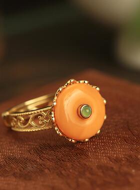 小银匠天然蜜蜡纯银平安扣戒指