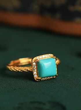 小银匠绿松石纯银开口方糖戒指