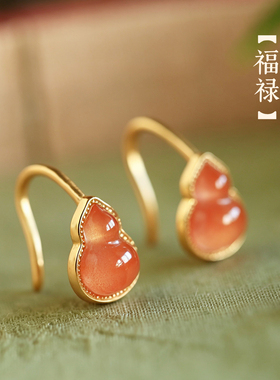 小银匠天然水红南红纯银葫芦耳环
