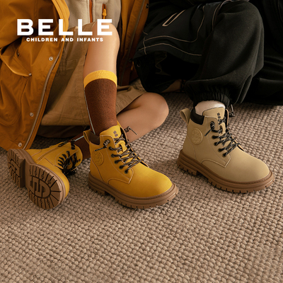 百丽童鞋儿童马丁靴2025秋冬新款女童工装靴宝宝加绒保暖大黄靴子