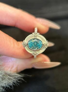 轻奢海蓝宝椭圆贝母戒指女法式复古宫廷vintage中古彩宝钻戒开口