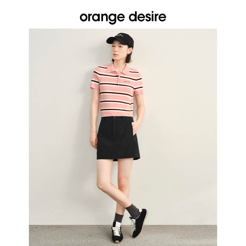 orange desire撞色polo领条纹针织衫女2024夏新款复古短袖上衣