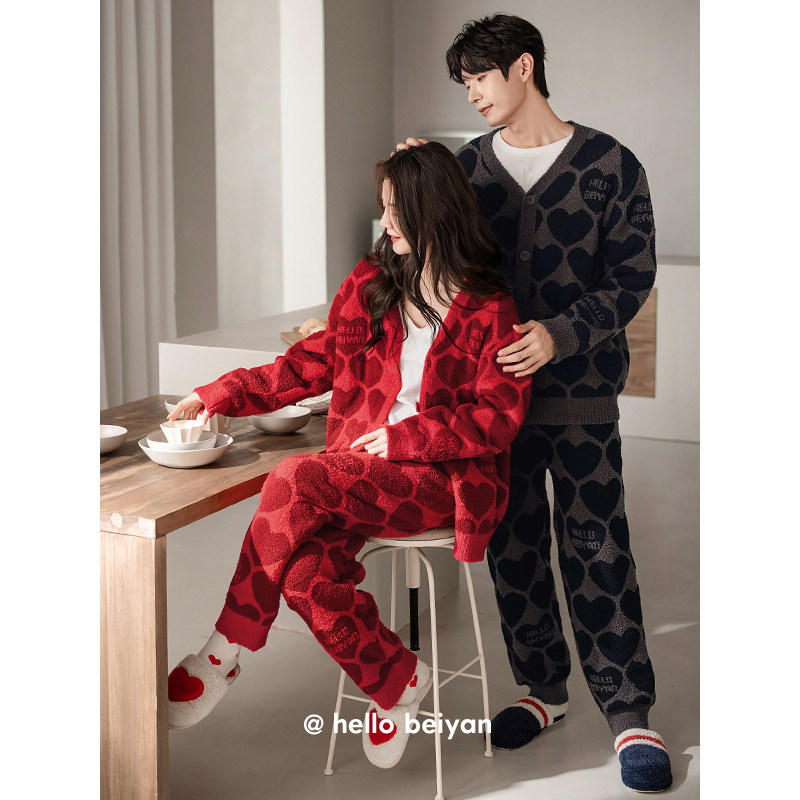 贝妍新婚珊瑚绒情侣睡衣女秋冬季保暖半边绒家居服男开衫大码套装,淘宝优惠券,粉丝福利购,淘宝优惠卷