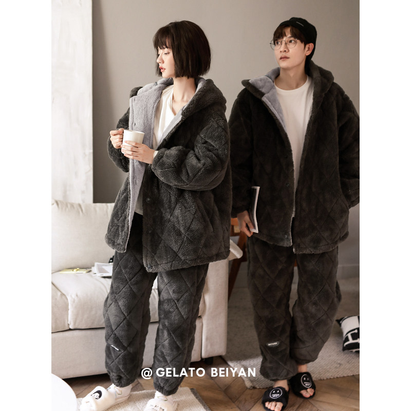 贝妍冬季保暖棉袄情侣连帽三层睡衣 贝妍睡衣/家居服套装
