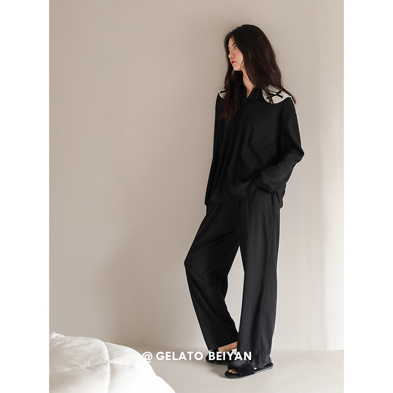 贝妍柔软棉睡衣女春秋季甜美公主风长袖家居服可外穿黑色大码套装 贝妍柔软棉睡衣女春秋季甜美公主风长袖家居服可外穿黑色大码套装