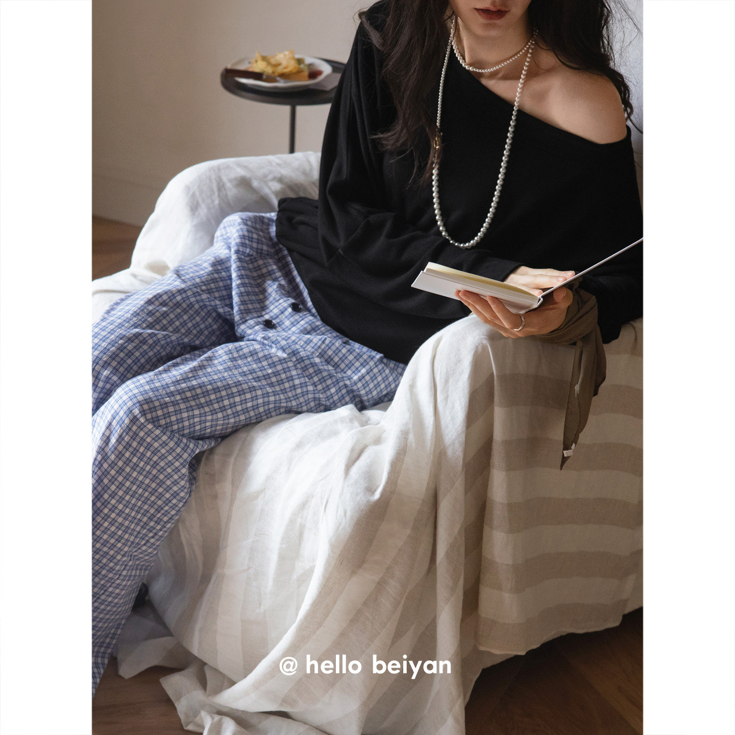 hello beiyan_松弛主义 两穿斜肩长袖睡衣女款春秋季阔腿裤家居服,淘宝优惠券,粉丝福利购,淘宝优惠卷