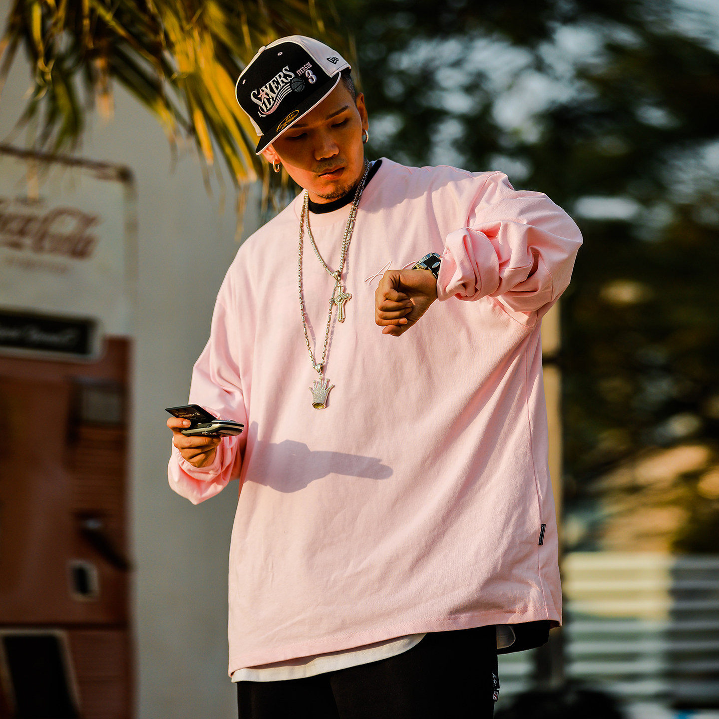 ACUSA基础HipHop纯棉小领口长袖打底纯色黑白休闲T恤西海岸肥大男,淘宝优惠券,粉丝福利购,淘宝优惠卷