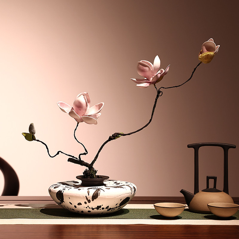 禅意茶室古典枯枝仿真玉兰花陶瓷花瓶套装客厅桌面茶几玄关摆放花,淘宝优惠券,粉丝福利购,淘宝优惠卷