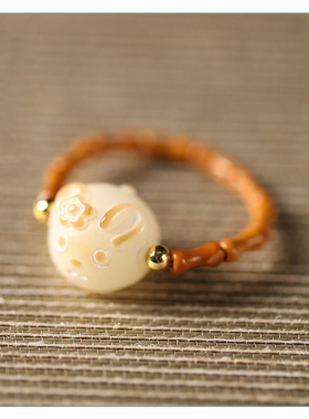 菩提雕刻猫咪橄榄核竹节指环