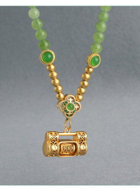 文艺古风碧色石珠如意锁长款项链