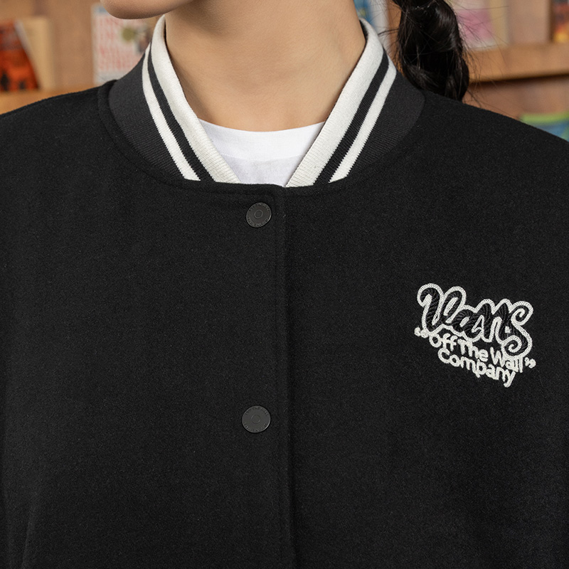 Vans范斯官方女子夹克黑色短款刺绣学院风棒球外套-图1