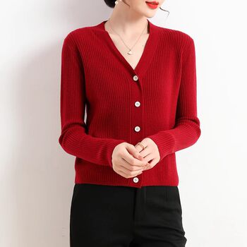 Jinju Knitted Cardigan Jacket Spring and Autumn New Style 100% Sheep Wool Women's Wool Sweater Pit V Neck Solid Color