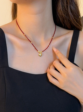 轻奢红尖晶石金色爱心锁骨链女