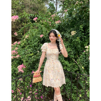 Three Tailors Dream Garden French Retro Pastoral Style Floral Dress Puff Sleeve A-Line Long Skirt for Women Summer