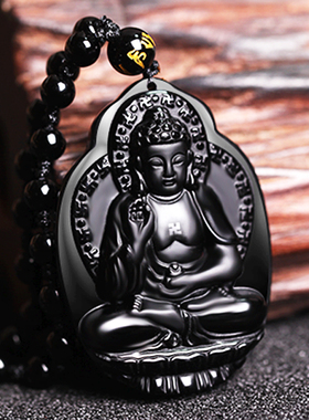 千琪天然黑曜石本命佛吊坠男女生肖狗猪阿弥守护神项坠情侣护身符