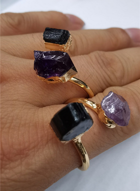 闺蜜紫水晶黑碧玺原石可调节戒指