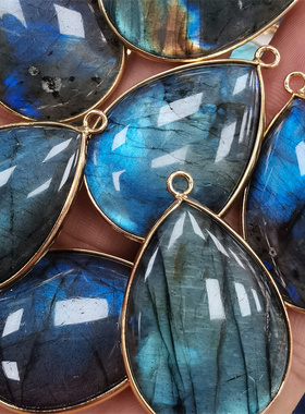 天然高质量强光蓝光拉长石水滴双卜面镶铜金边吊坠 项链饰品配件