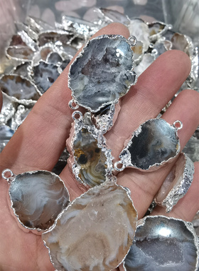 雷公洞玛瑙晶芽鎏金边吊坠双吊