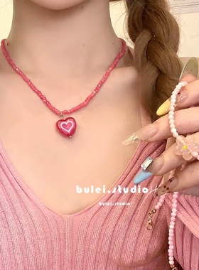 Chris 韩国手工串珠叠戴高级感撞色爱心吊带露肩饰品项链颈链