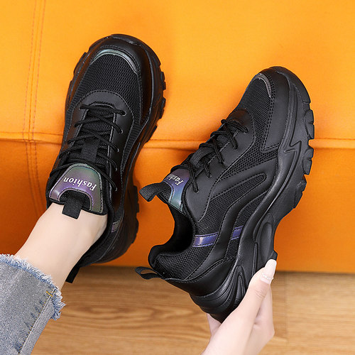 品牌特价女鞋运动鞋老爹鞋防滑软底全黑旅游鞋上班女款鞋子工作鞋 - 图2