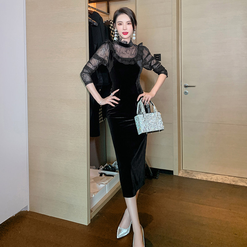 黑色丝绒蕾丝泡泡袖连衣裙收腰裙子 紫嫣红藤连衣裙