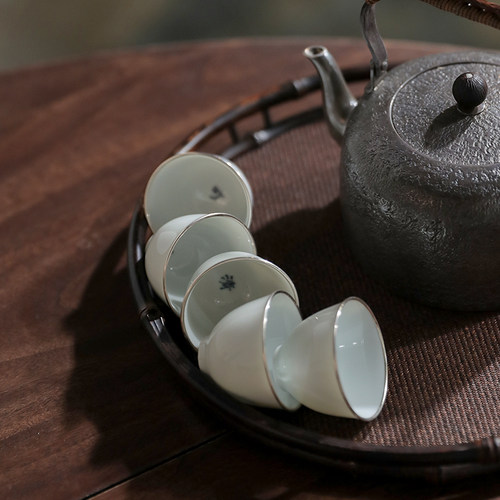 纯银999茶杯包银杯纯手工景德镇白瓷杯主人杯品茗杯套装茶杯 清新 - 图1