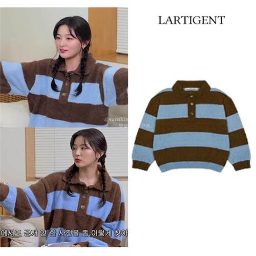 韩代潮牌LARTIGENT条纹针织衫复古撞色polo领减龄宽松套头毛衣女 - 图3