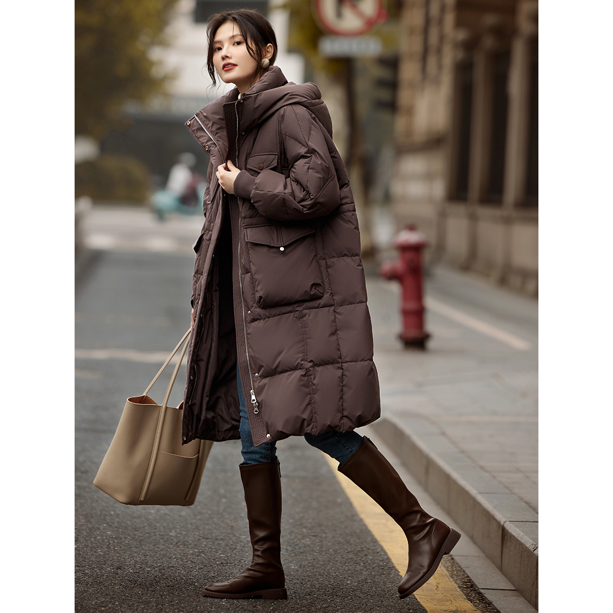 [送打底衫]XWI欣未美拉德90鸭绒羽绒服女冬季加厚保暖中长款外套 - 图1