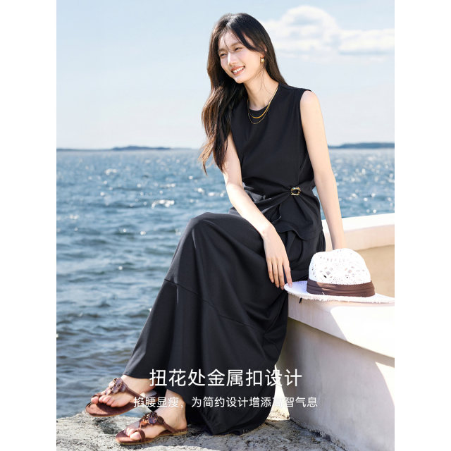 XWI Xinwei Travel Vacation Style Sleeveless Suit Women's 2026 Summer T-shirt Button Design Floral Skirt Set two-piece
