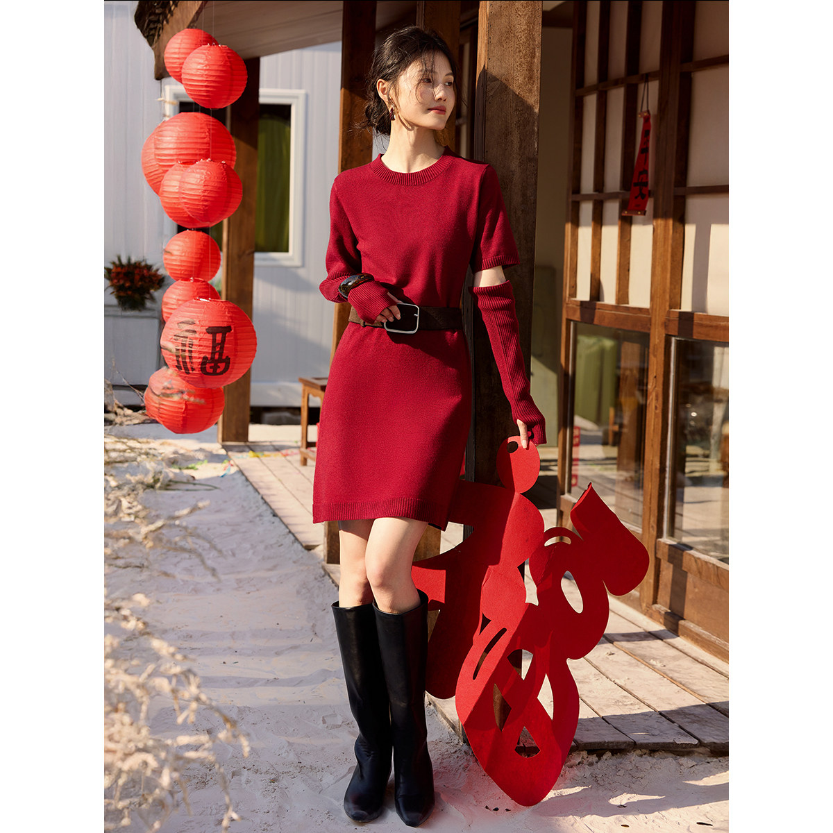 XWI欣未法式针织袖套连衣裙女2026年春季新年战袍红色气质显瘦裙,淘宝优惠券,粉丝福利购,淘宝优惠卷