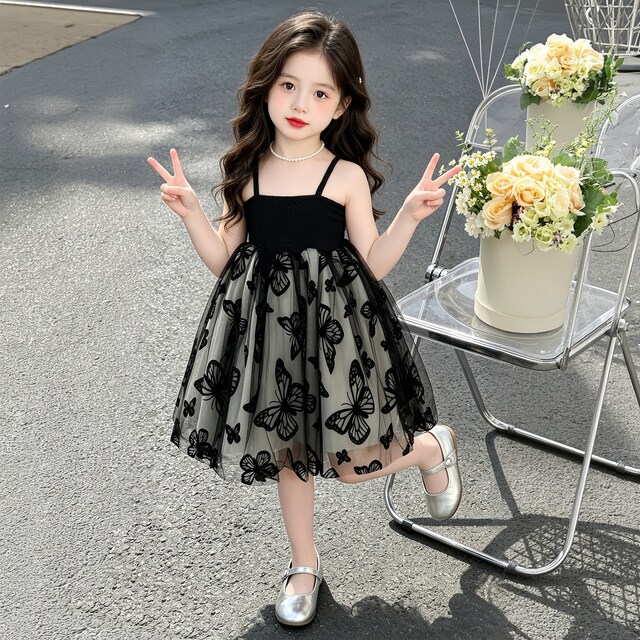 ເດັກຍິງ butterfly ສີດໍາ suspender Princess ວັນເດືອນປີເກີດ dress