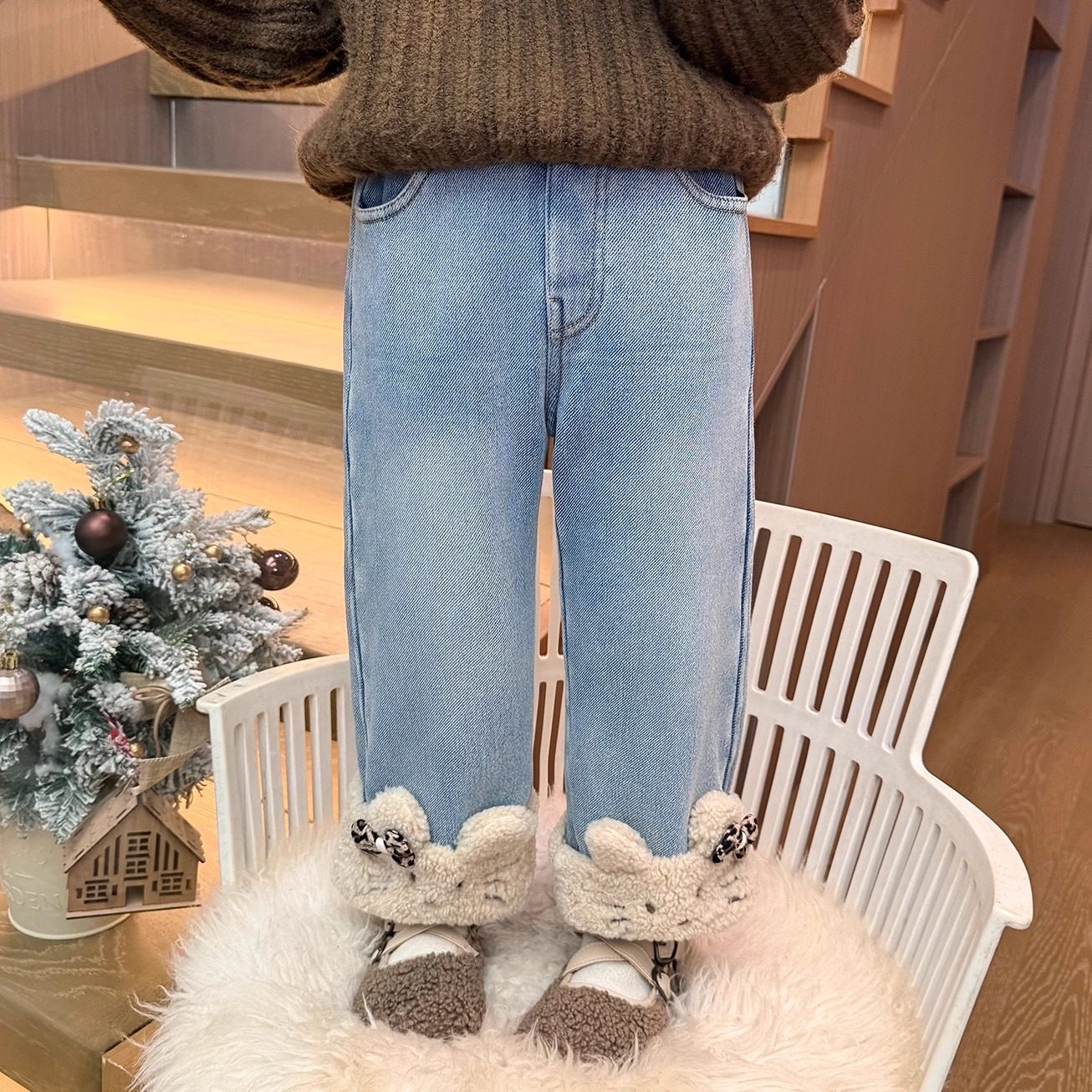 女童牛仔裤子秋冬季2025新款儿童加绒猫咪女宝宝一体绒加厚直筒裤,淘宝优惠券,粉丝福利购,淘宝优惠卷