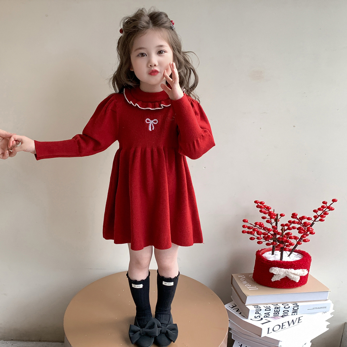 女童秋冬季连衣裙2025新款红色儿童过年拜年服花边女宝宝毛衣裙子,淘宝优惠券,粉丝福利购,淘宝优惠卷