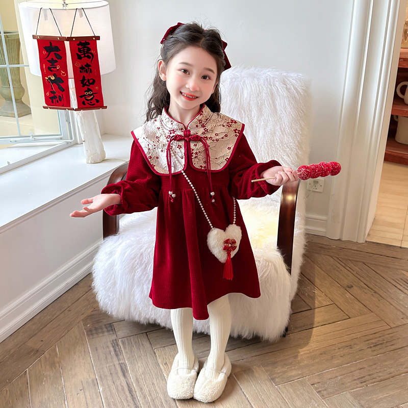 女童连衣裙秋冬装红色儿童中国风宝宝新年过年拜年服冬季梅花裙子
