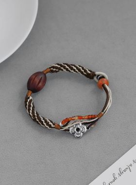 PIC*家野兽派花朵手链 小众设计藏式民族风编织棉绳木珠多层手链