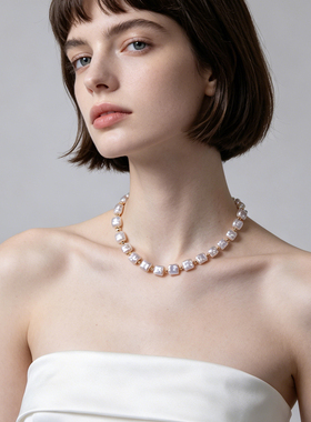 淡水珍珠巴洛克女锁骨链方糖