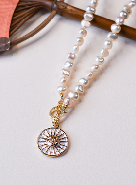 原创小众淡水巴洛克珍珠女项链太阳神轻奢法式锁骨链颈链