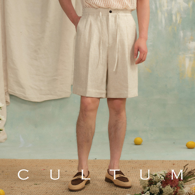 【100%法国亚麻】CULTUM慵懒度假风松紧腰抽绳单褶短裤五分裤男,淘宝优惠券,粉丝福利购,淘宝优惠卷